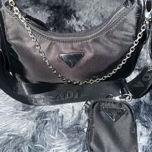 Prada Black Satin Shoulder Bag with Chain Detail